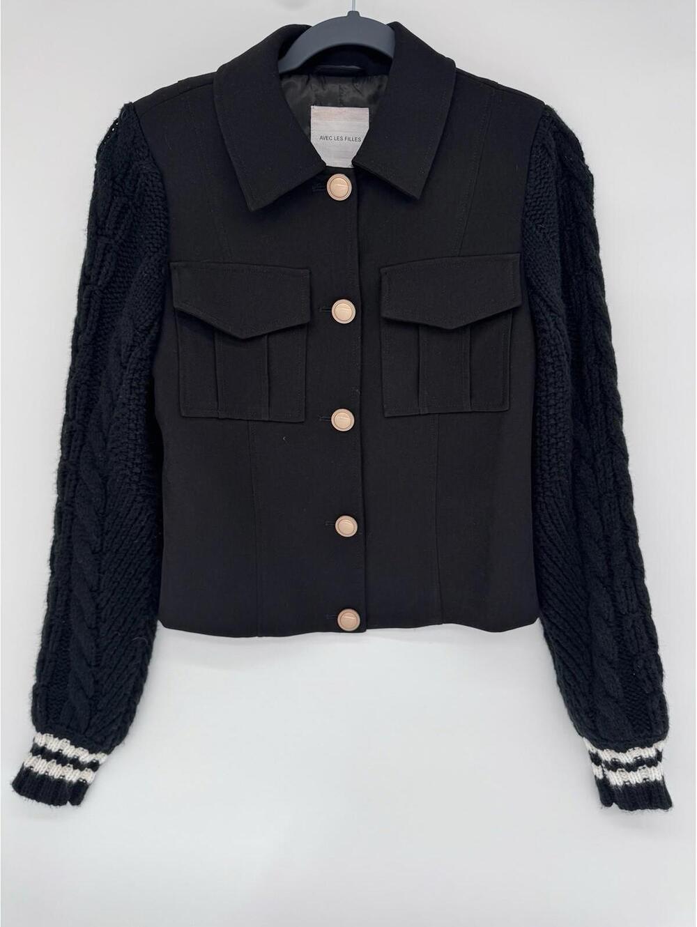 Avec Les Filles Black Blazer, Jacket, Knit Sleeves, Size XS Great Condition ￼